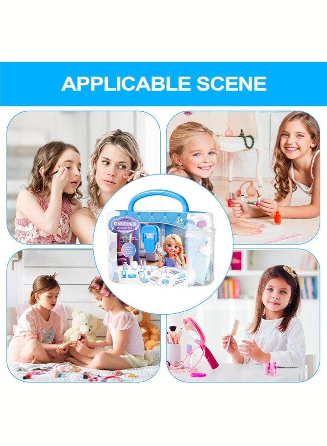 SHABILI 17 Pieces Pretend Makeup Kit Toy for Girls Age 3+, Simulation Cosmetic Play Set with Carrying Case for Imaginative Role Play and Hand Eye Coordination at Home or Party, Safe ABS Plastic Material, Not Real Makeup (Blue) - Image 3